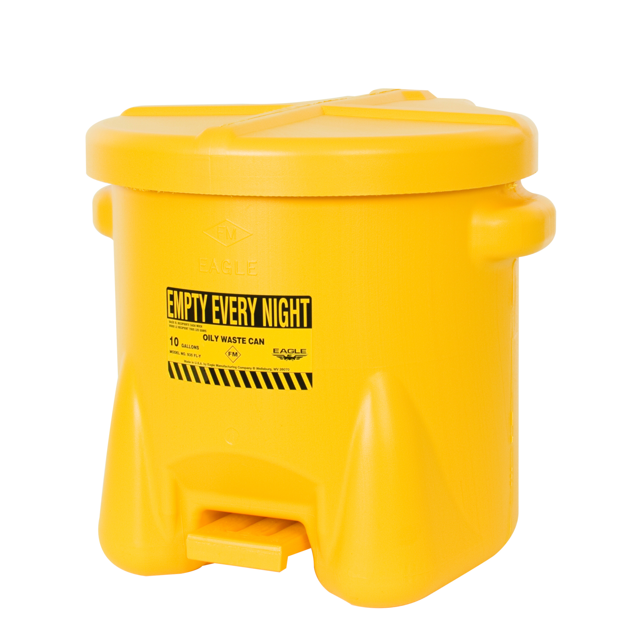 Eagle Plastic Oily Waste Can — 10-Gallon, Hands-Free, Self-Closing, Yellow, Model# 935FLY